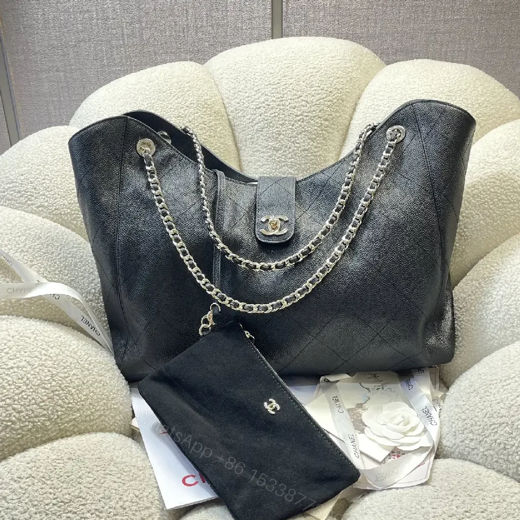 View 5 of Black Quilted Leather Shoulder Bag with Chain Straps and Chanel Logo