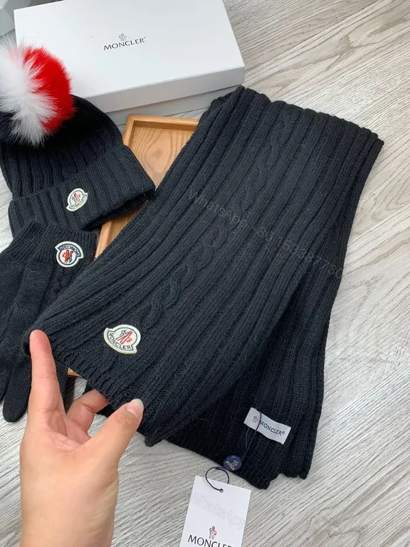 View 3 of Chic Black Wool Cable-Knit Set: Moncler Scarf & Beanie Gloves