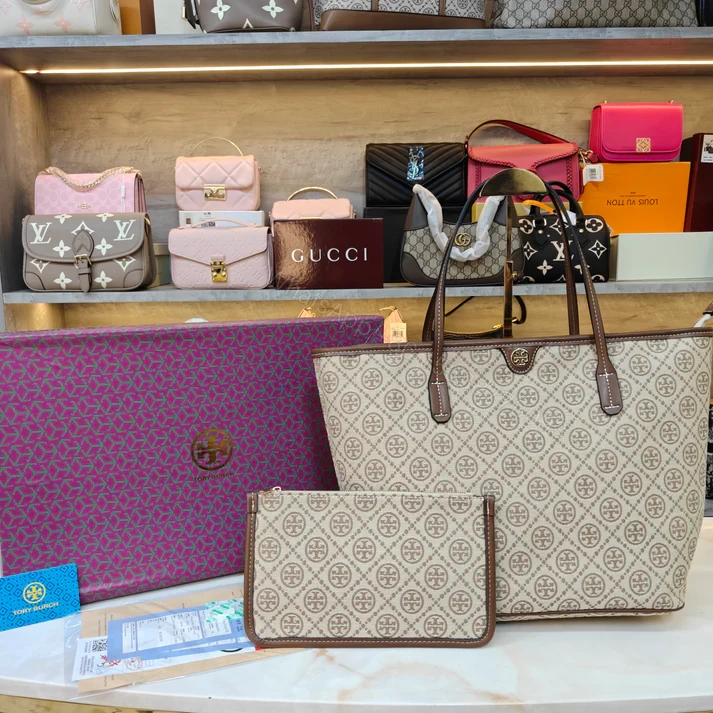 View 4 of First Copy Tory Burch T Monogram Large Zip Tote Bag Biege