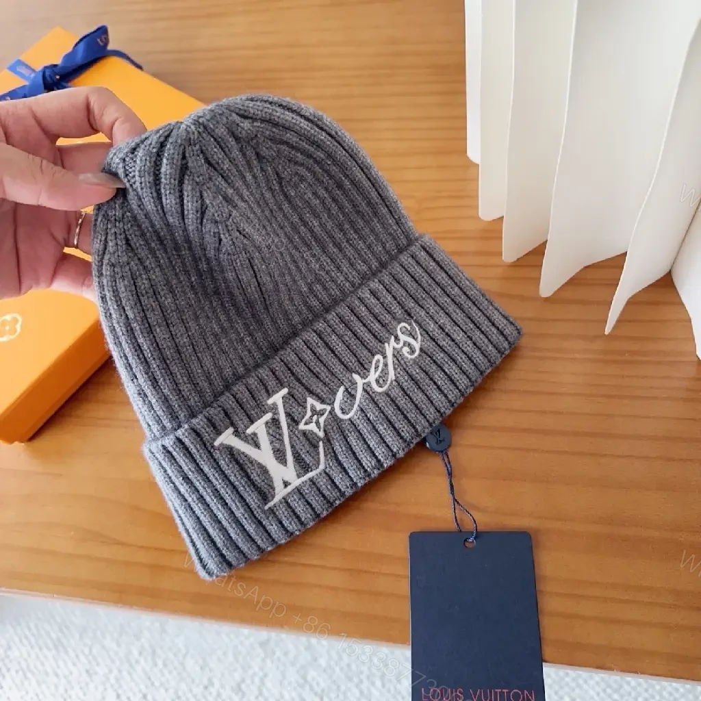 View 3 of Grey Wool Knit Beanie with Subtle LV Logo