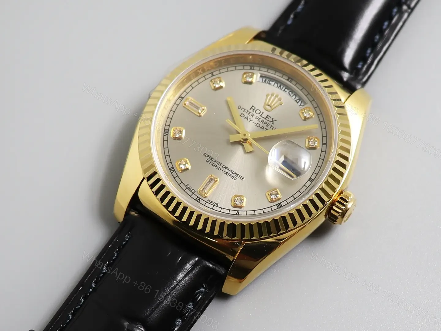 View 2 of Fake Rolex Day-Date Champagne Diamond Premium Leather Strap 36MM ROLEX-DD36-CHAMP-DIA