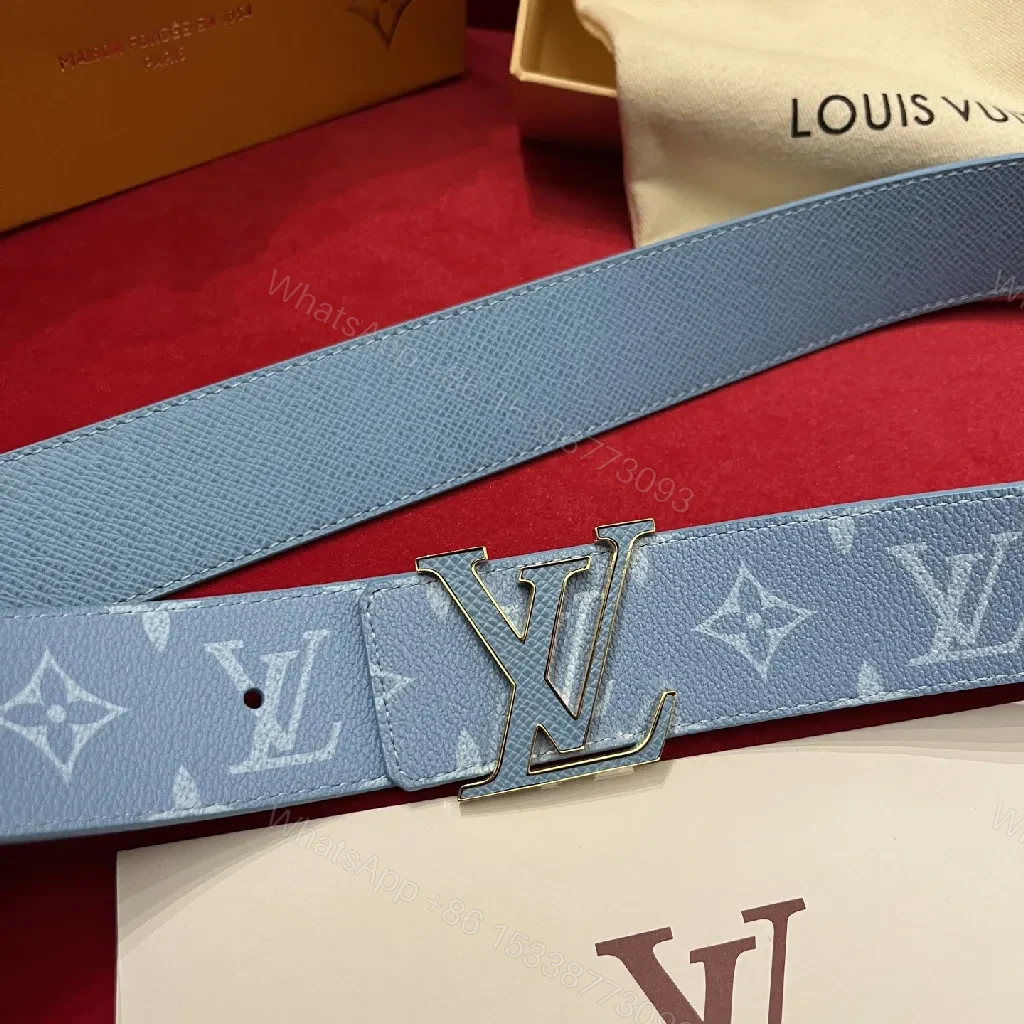 View 4 of Pastel LV-Style Textured Belt with Signature Buckle