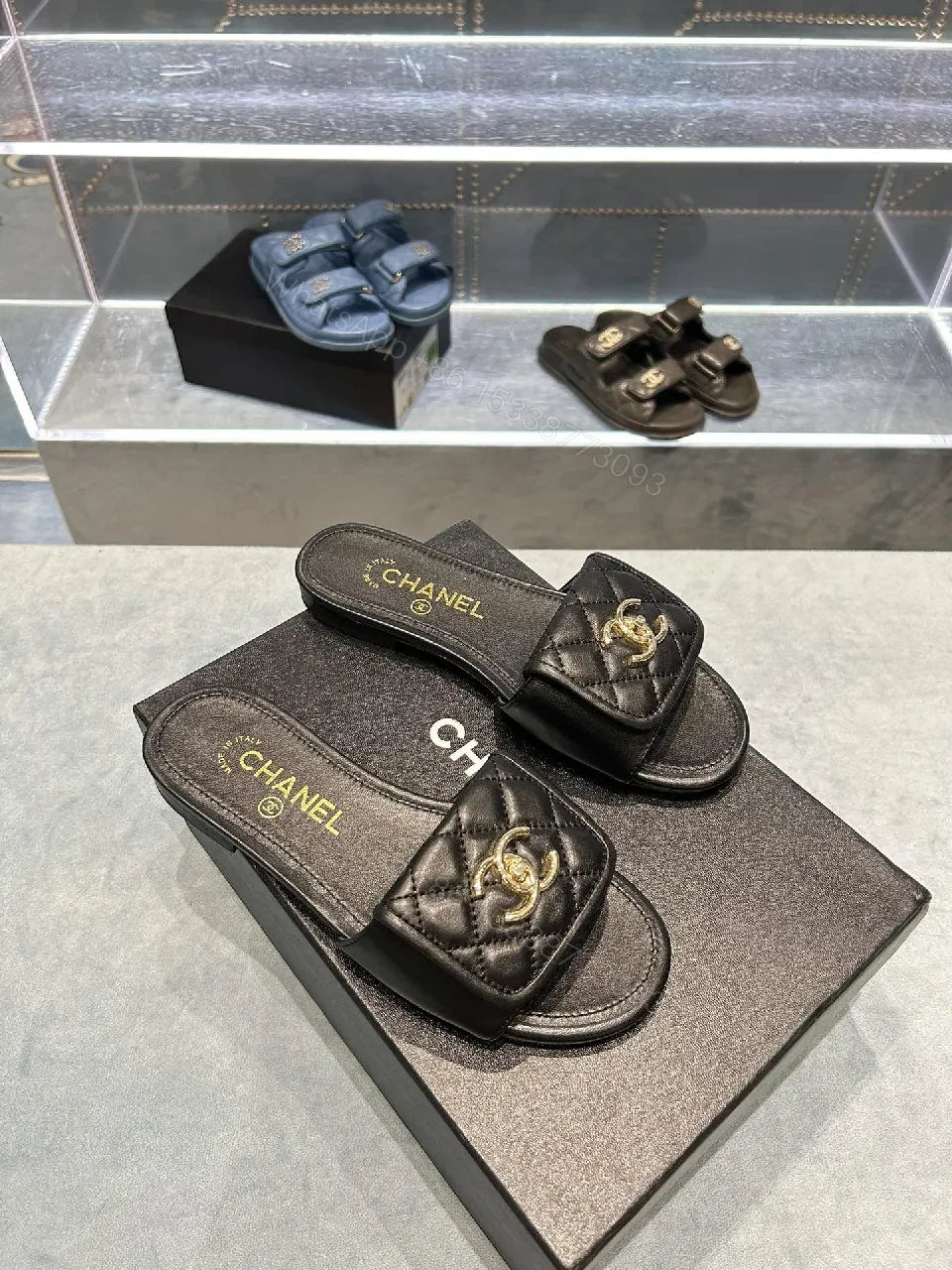 View 8 of Quilted Leather Slides - Luxury Comfort, Gold Logo Detail