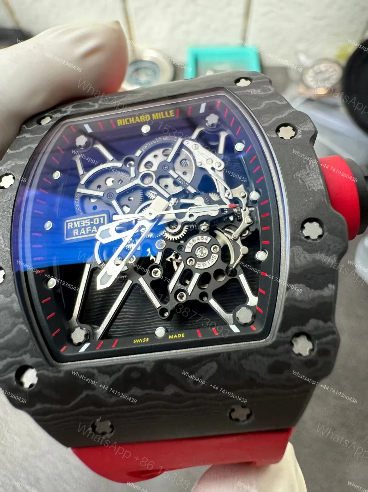 View 8 of Super Clone Richard Mille RM 35-01 Carbon TPT Skeleton Red Rubber Strap 1:1 Replica Watch