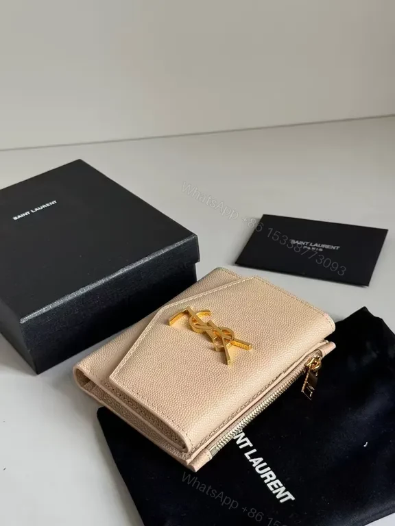 View 3 of Nude-Pink Pebbled Leather Wallet with Gold YSL Hardware