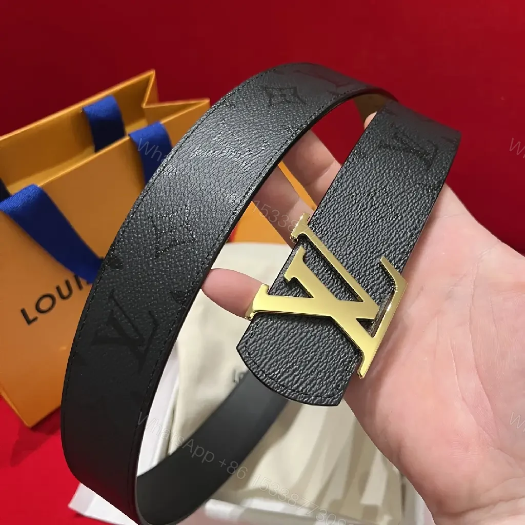 View 7 of Black Leather Belt Classic Luxury with Gold LV Buckle