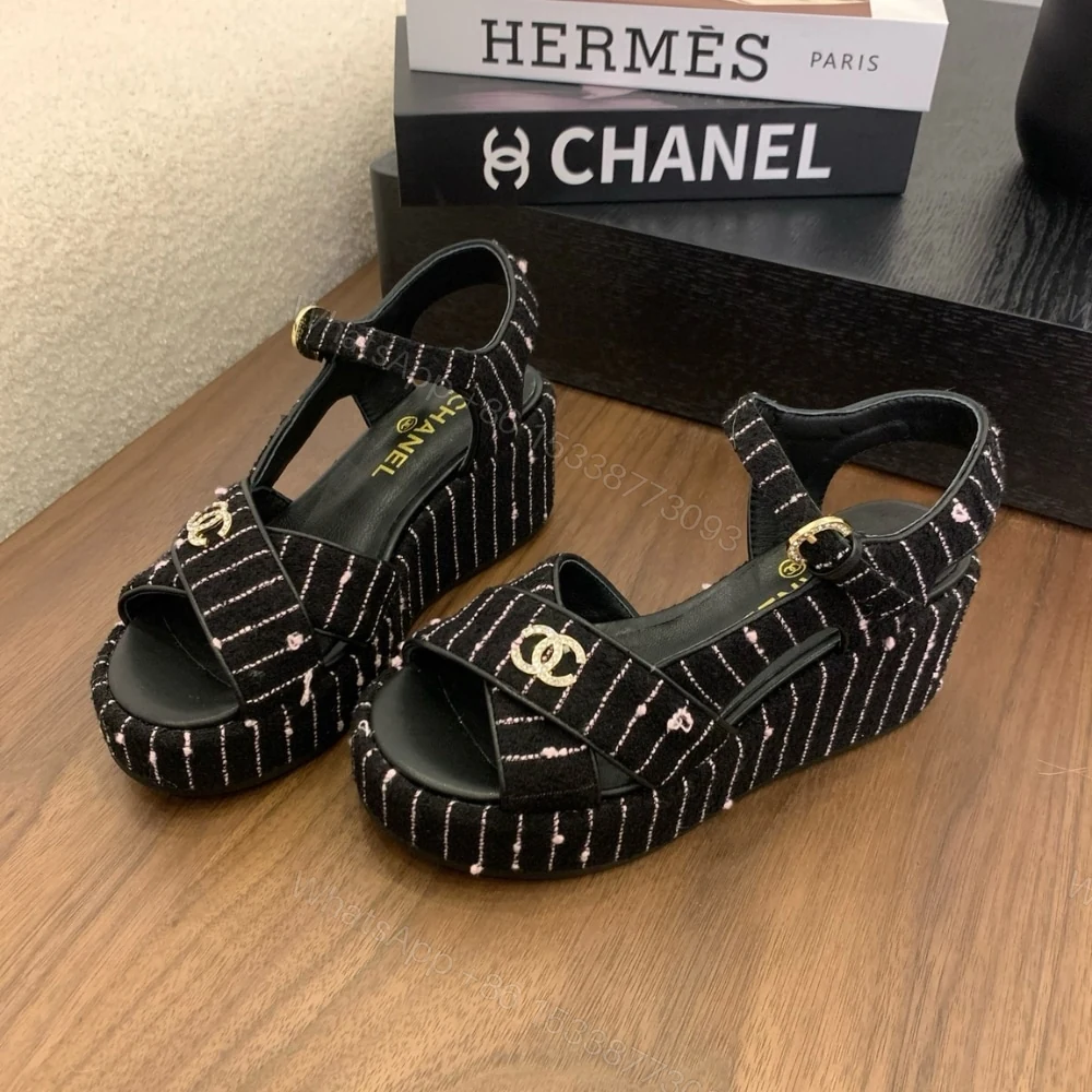 View 6 of CHANEL COTTON TWEED CC PLATFORM SANDALS BLACK WHITE