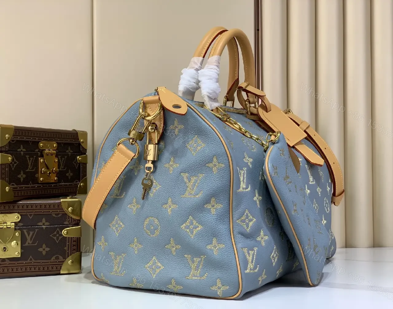 View 8 of Blue Canvas Monogram Duffel Bag, Structured Travel Weekender, Leather Trim
