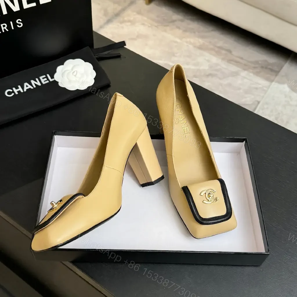 View 9 of Beige Leather Block-Heel Pumps with Hardware Details