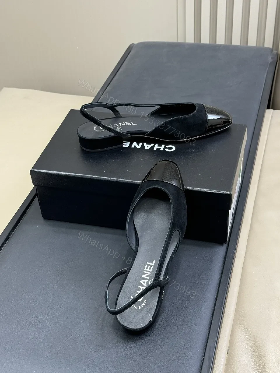 View 7 of Black Suede Slingback Heels with Patent Toe Cap, Luxe, Comfort-First