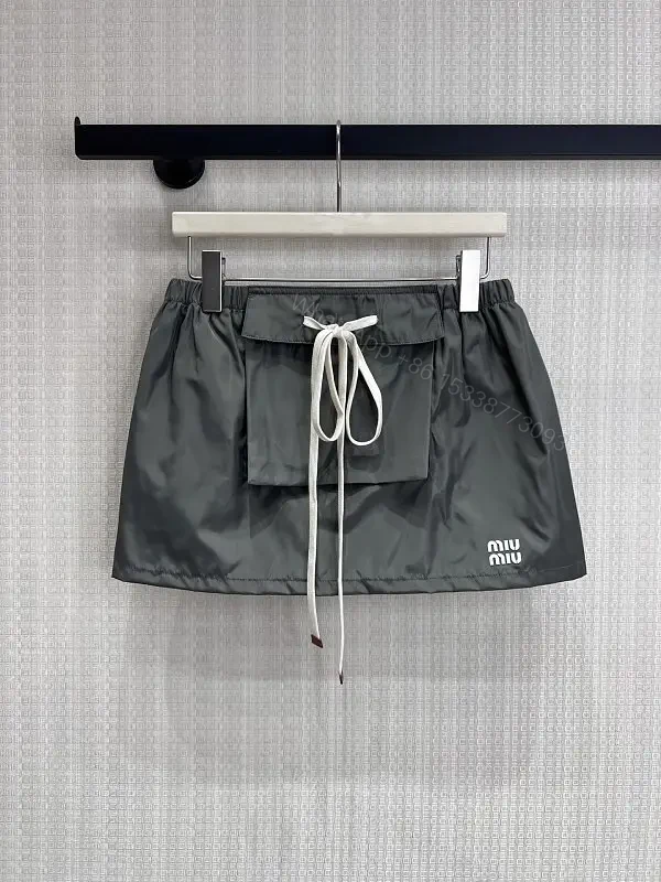 Gray Nylon Mini Skirt Drawstring Waist Miu Miu Style Front Patch Pocket Skirt — view 1