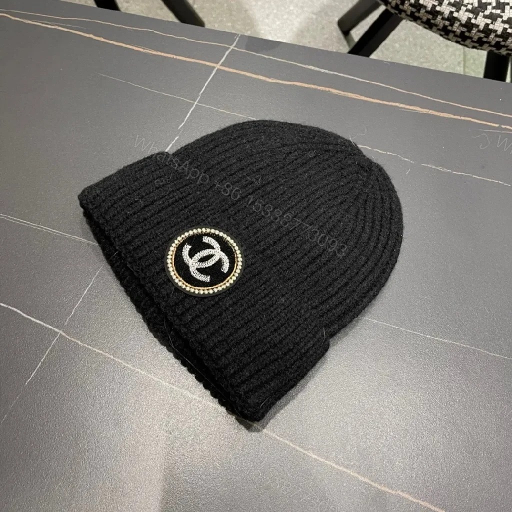View 7 of Black Knit Beanie with Luxe Badge, Everyday Luxury, One-Size, Casual Style