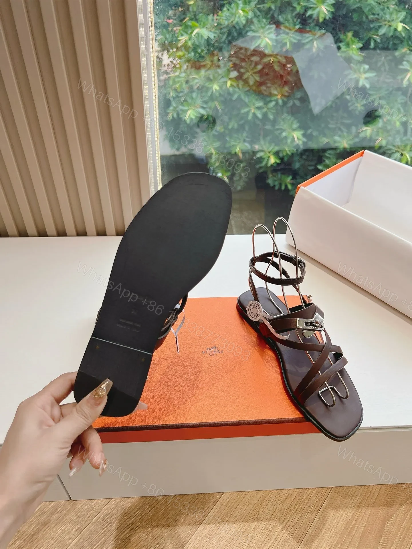 View 2 of Hermes Women Dark Brown Leather Strappy Sandals