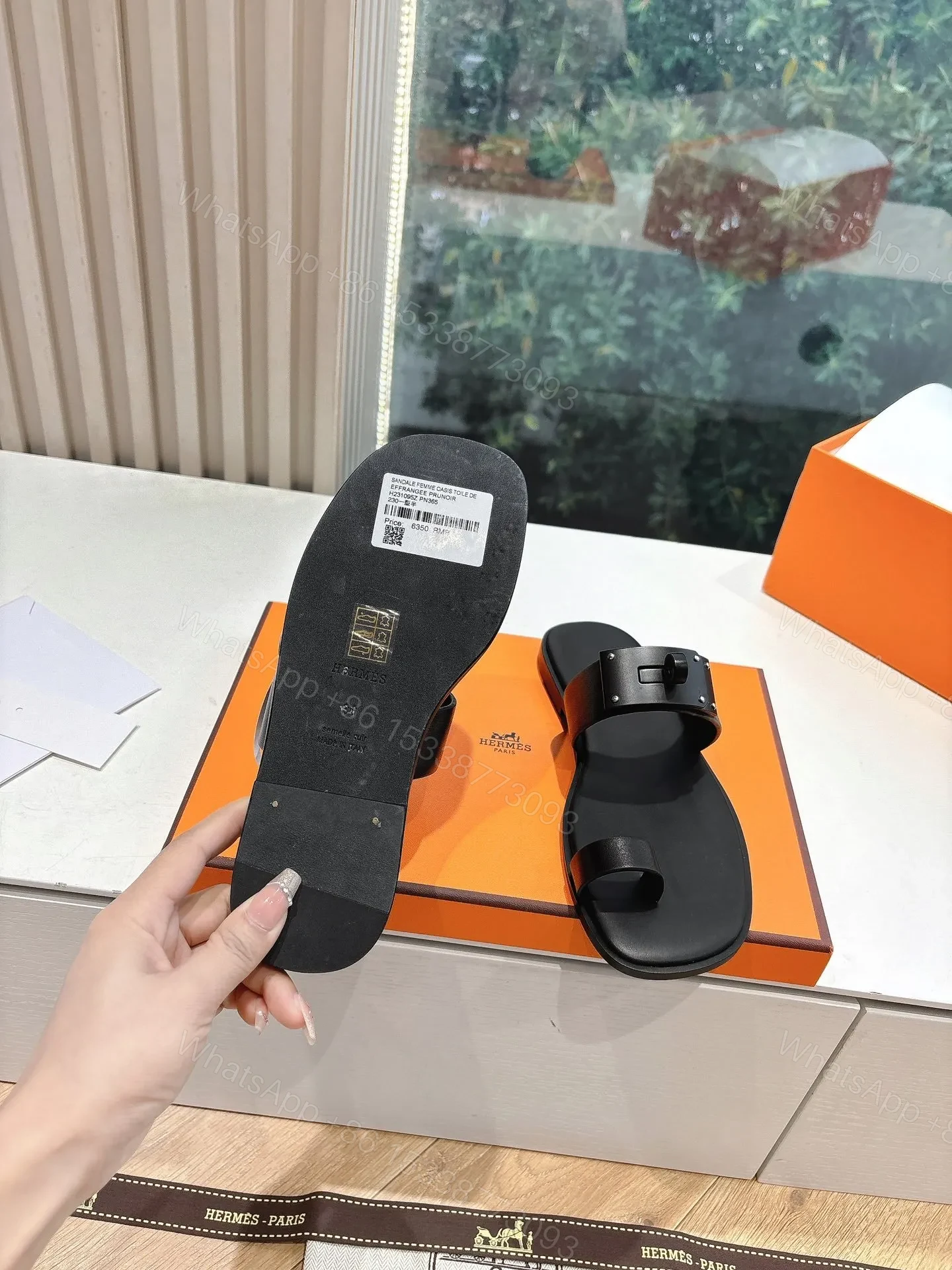 View 2 of Hermes Women Black Leather Toe Loop Mules