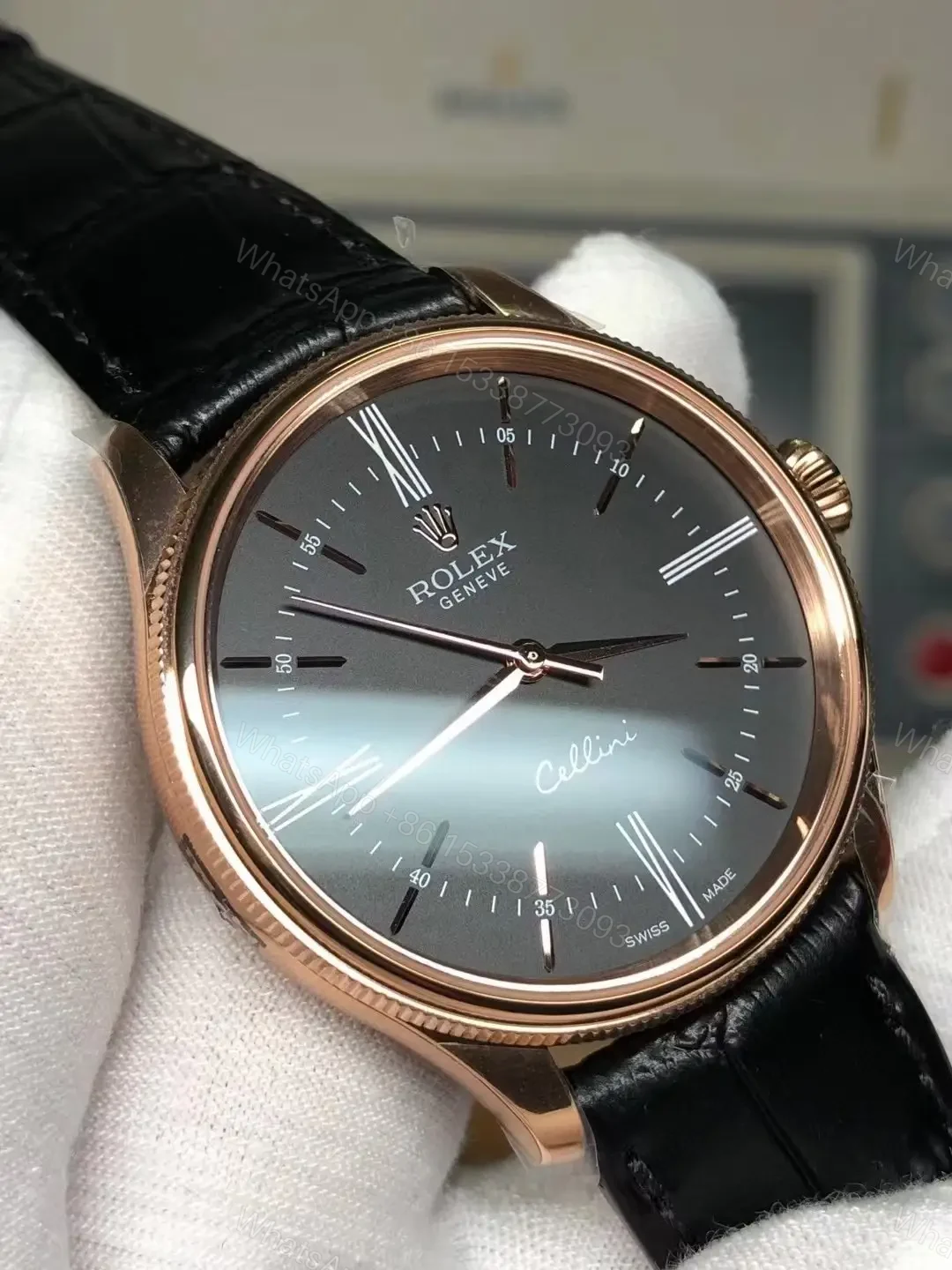 View 4 of Rolex Cellini Time 50505 39mm Everose Black Dial Black Alligator Strap Watch 50505-0009