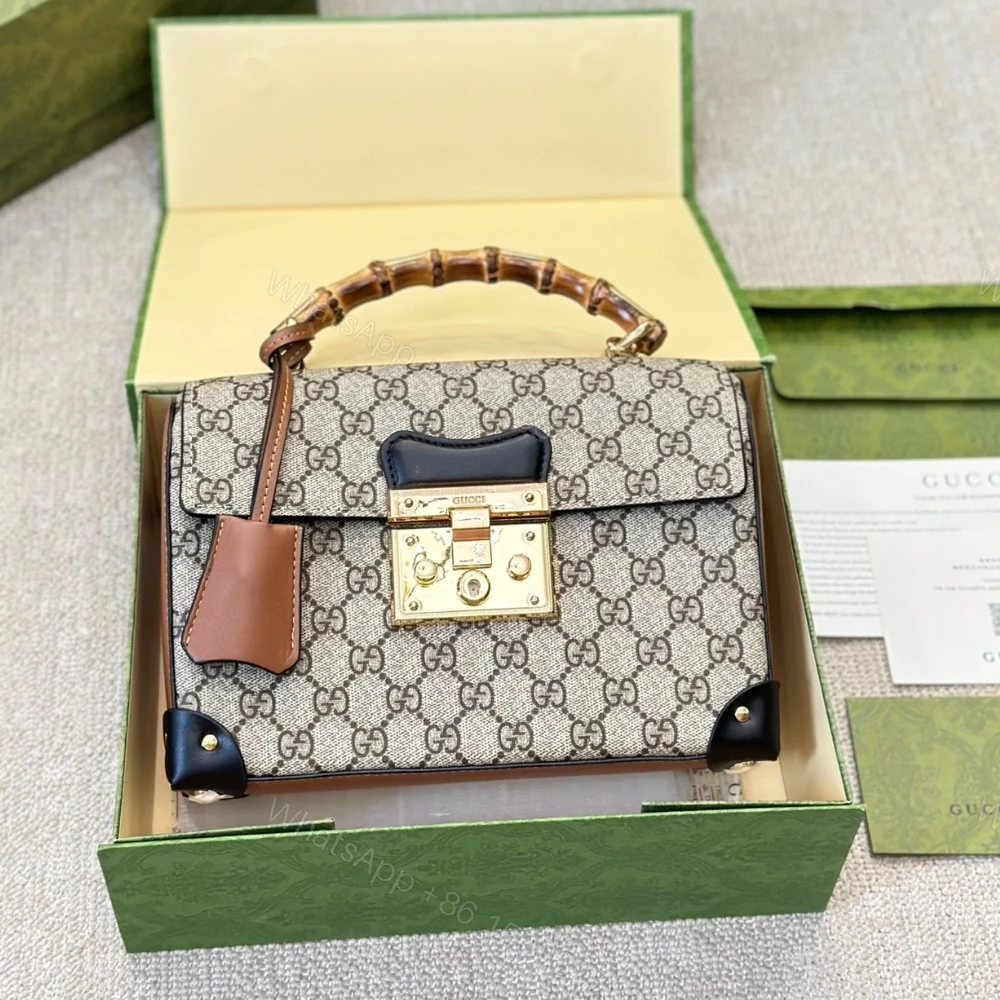 View 2 of Gucci Padlock Bamboo Handle GG Supreme Handbag Brown 25Cm