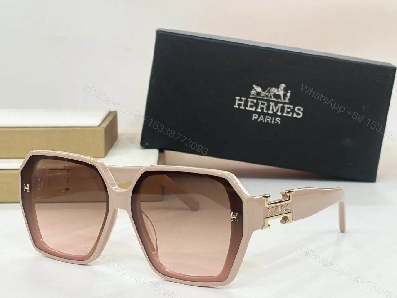 View 5 of Olive-Gold Geometric Sunglasses with Hermes-Inspired Hardware