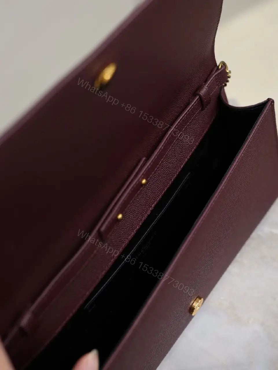 View 9 of Burgundy Leather Structured Shoulder Bag with Gold Hardware