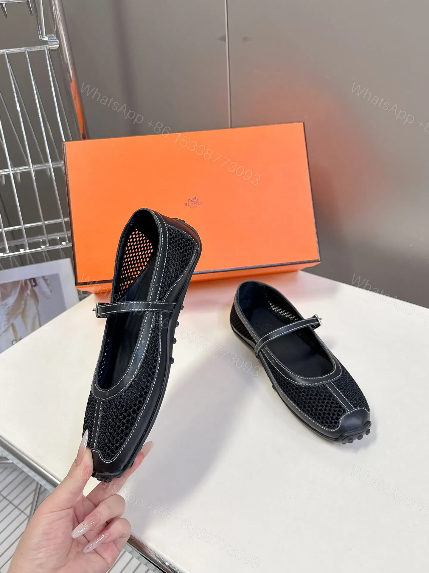 View 3 of Hermes Women Black Mesh Leather Mary Janes