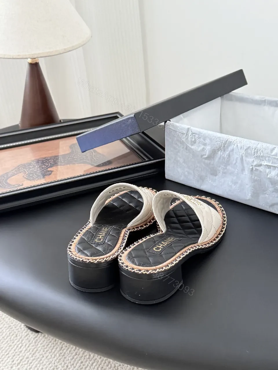 View 7 of Elegant Quilted Slide Sandals with Chain Trim