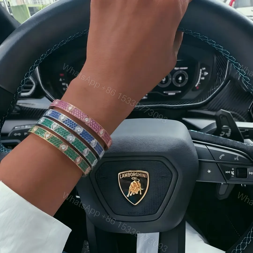View 3 of New Cartier Love Bracelet with Pink Blue Sapphire Green Tsavorite Diamonds