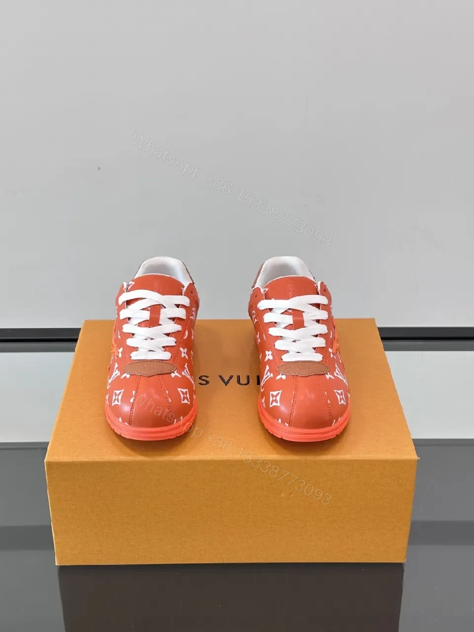 View 4 of Bold Orange-Red Monogram Sneaker: Luxe Designer-Inspired High-Tops