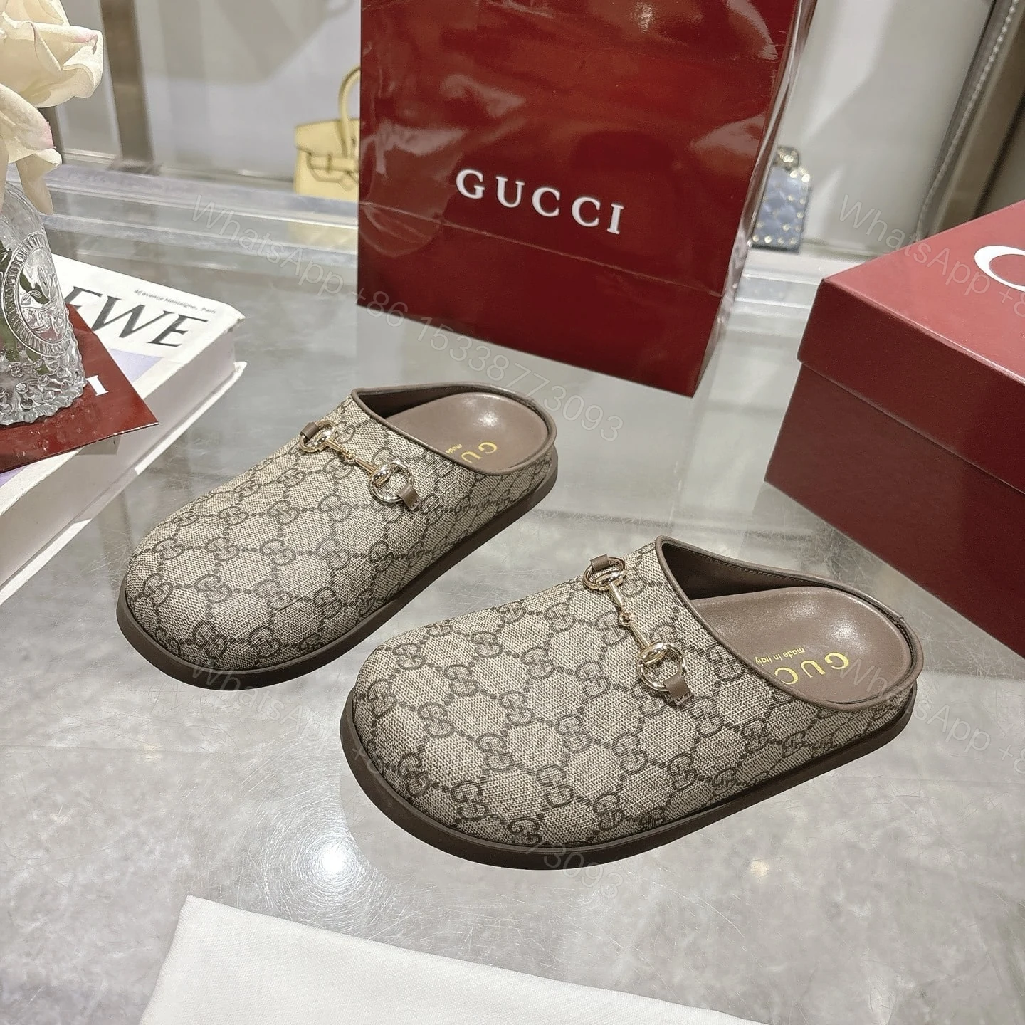 View 4 of GUCCI WOMEN MULE WITH HORSEBIT CAMEL AND DARK BROWN GG CANVAS 837130 FAB10 2543
