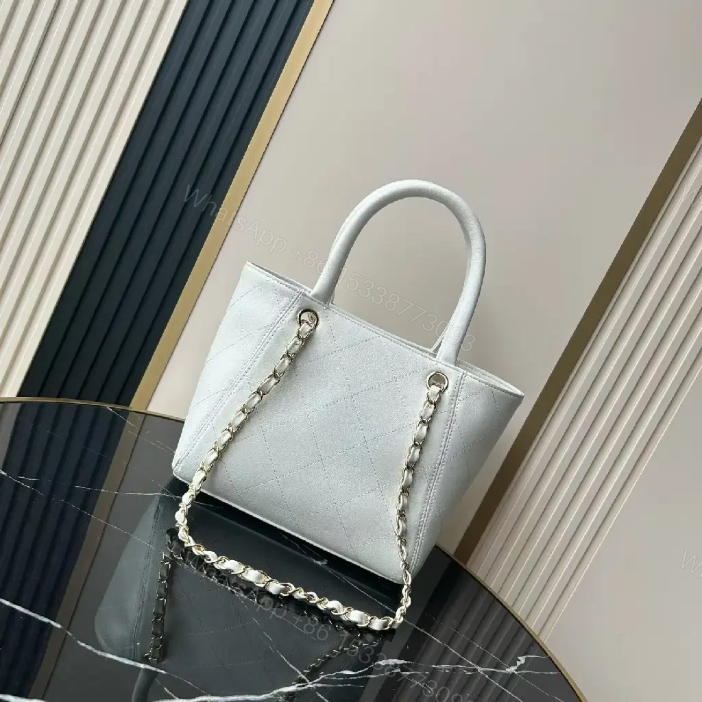 View 2 of Pale Gray Diamond-Quilted Tote: Gold-Accented Chanel-Style Flap