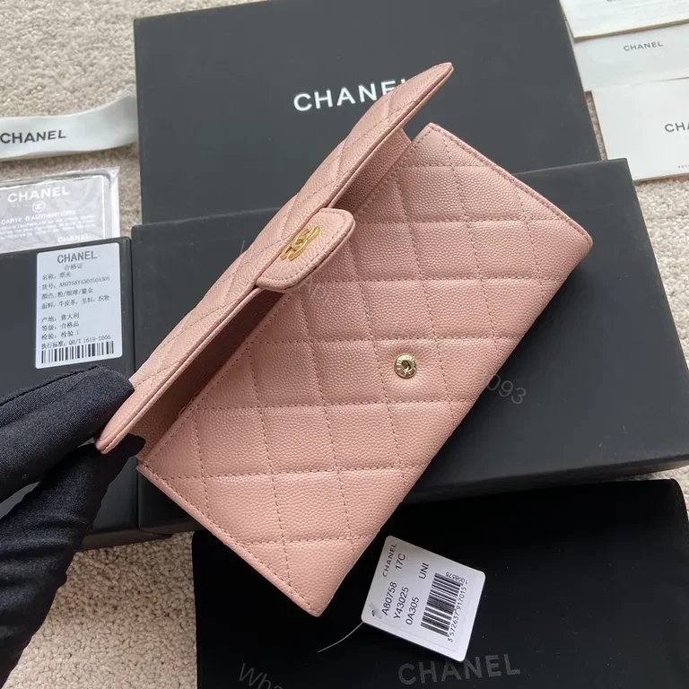 View 3 of Soft Pink Quilted Wallet with Gold Chanel Logo