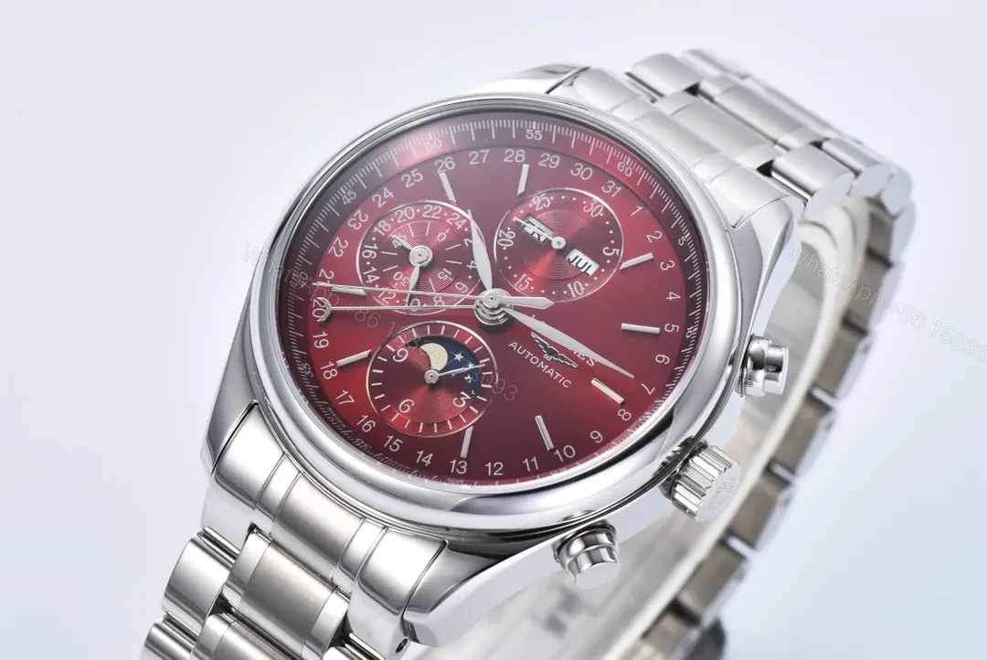 View 2 of Longines Master Collection Moonphase Chronograph Watch Red Dial Stainless Steel Bracelet 42mm Case