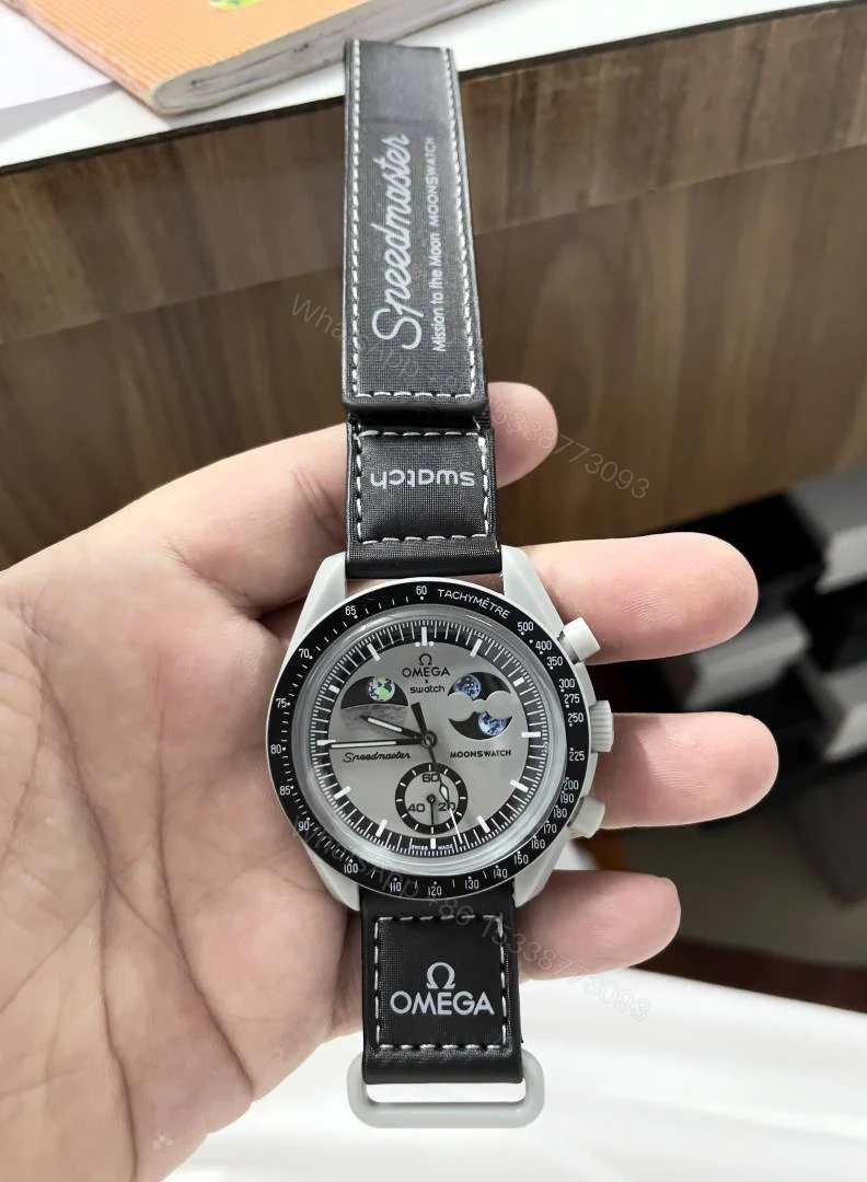 View 2 of First Copy Omega Speedmaster Moonphase Chronograph Automatic Watch With Black Leather Strap And Premium Finish