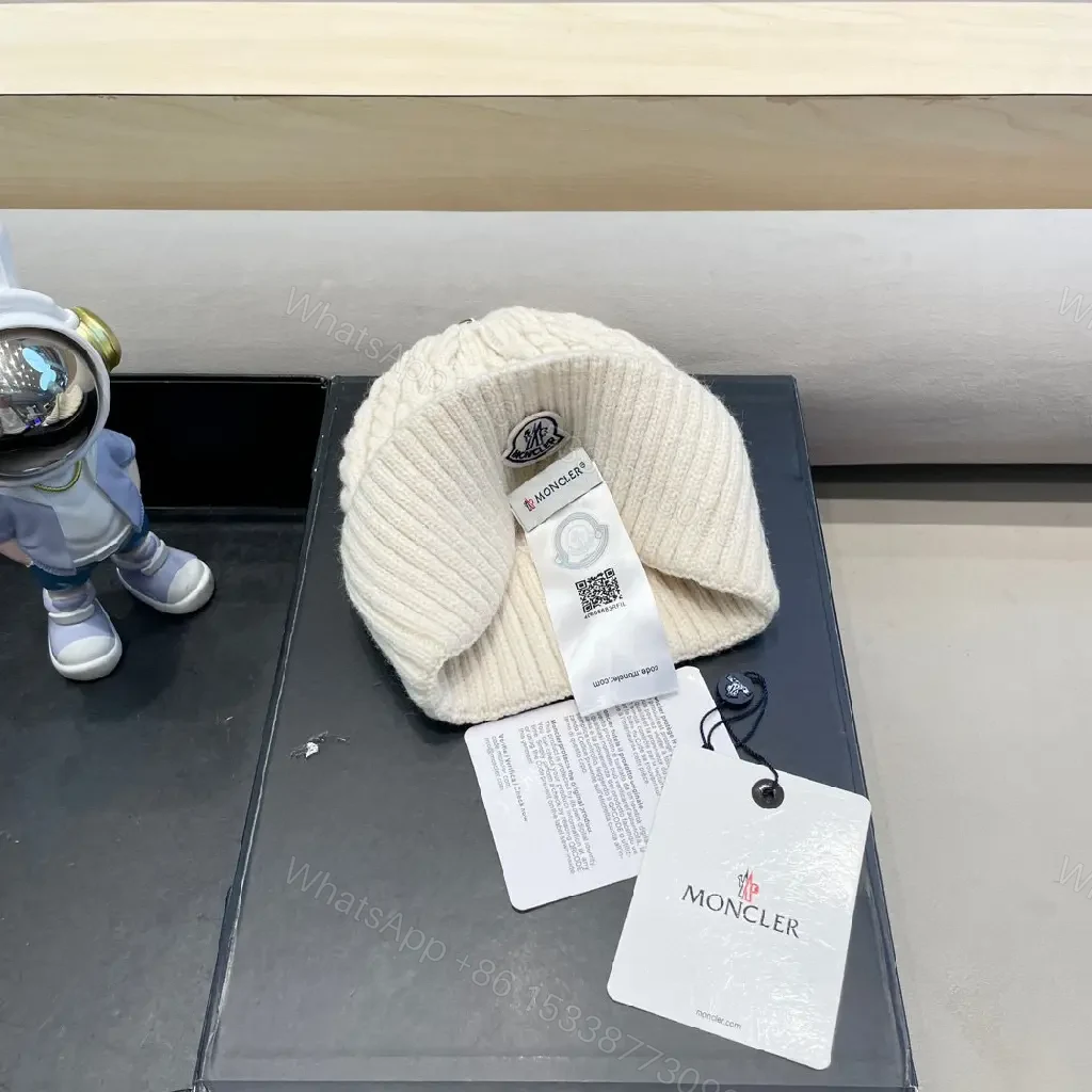 View 3 of Cream Knit Beanie | Wool Blend | Cable Knit | Moncler Emblem Gifted Luxury