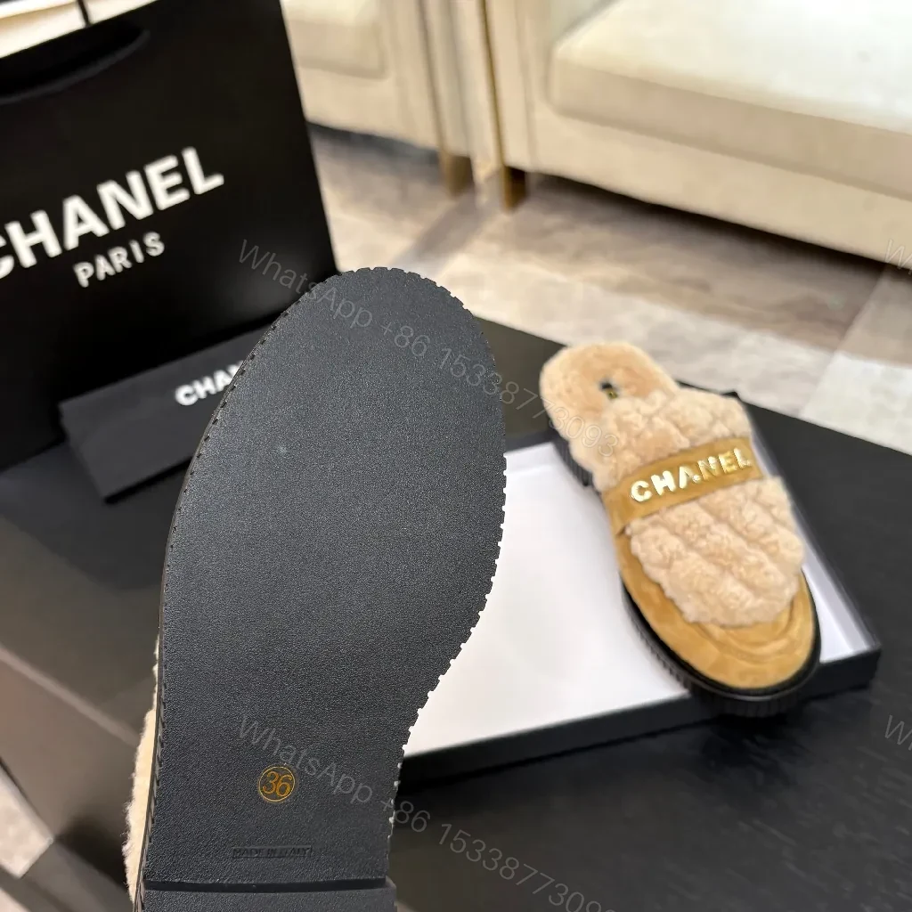 View 4 of Chic Shearling Mules: Gold Logo Slip-Ons, Camel Suede