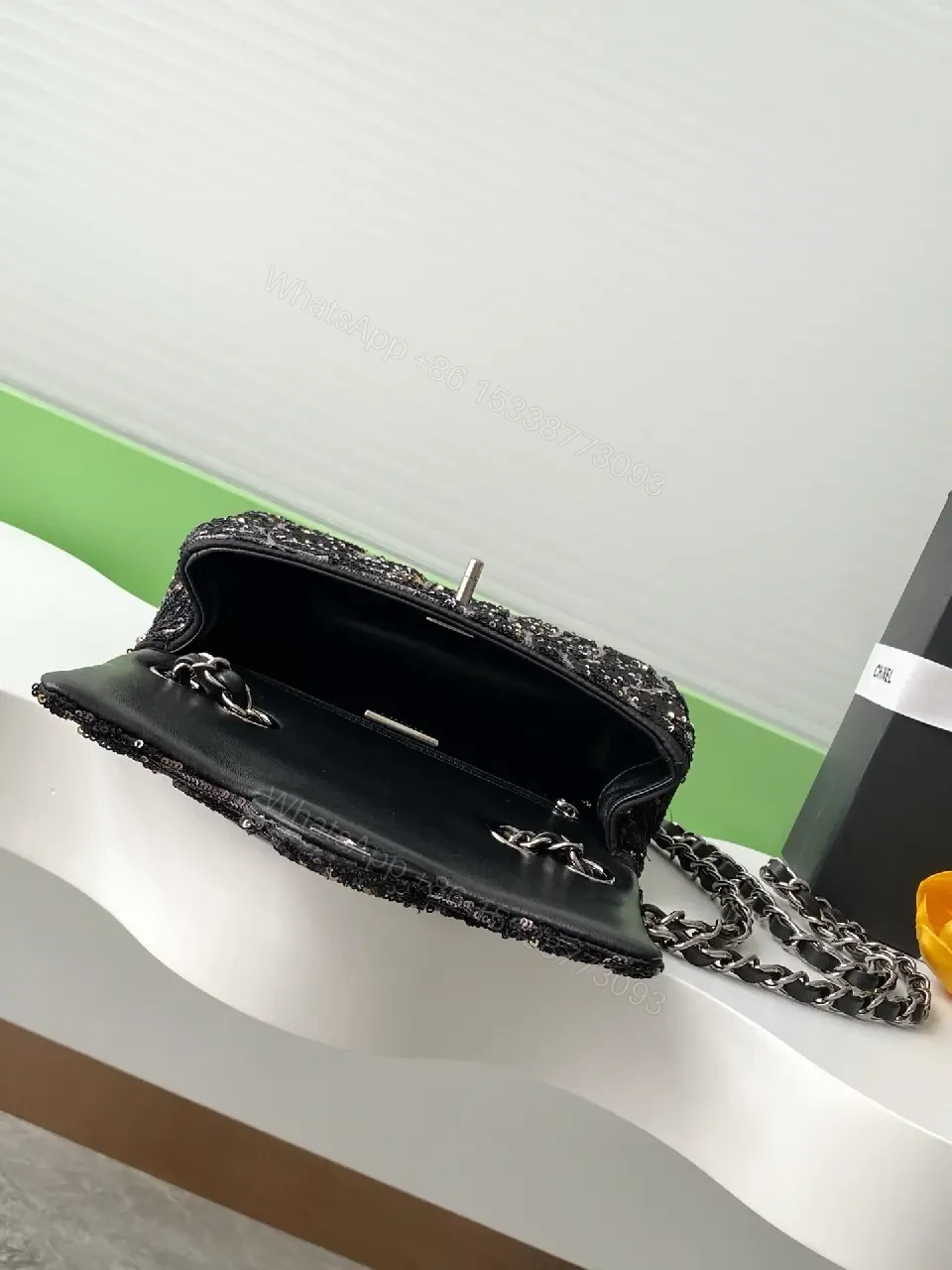View 4 of Black Tweed Quilted Flap Bag with Silver Chain Strap