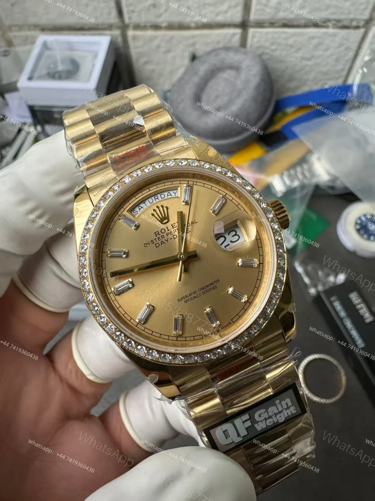 View 11 of Rolex Day-Date M228348RBR-0002 1:1 Replica Moissanite Bezel Gold Dial 40MM 3255 Movement Super Clone Watch