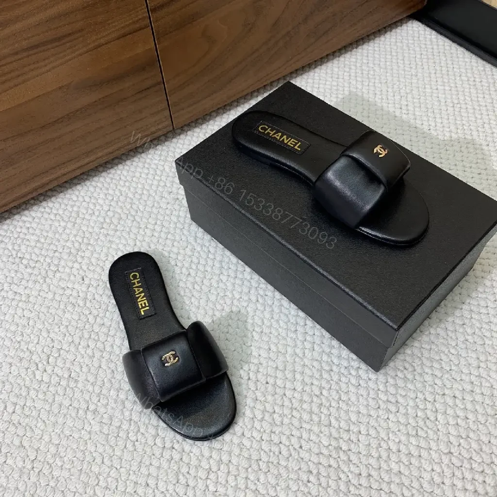 View 2 of Black Leather Slide Gold CHANEL Logo Modern Comfort Fit Sandals
