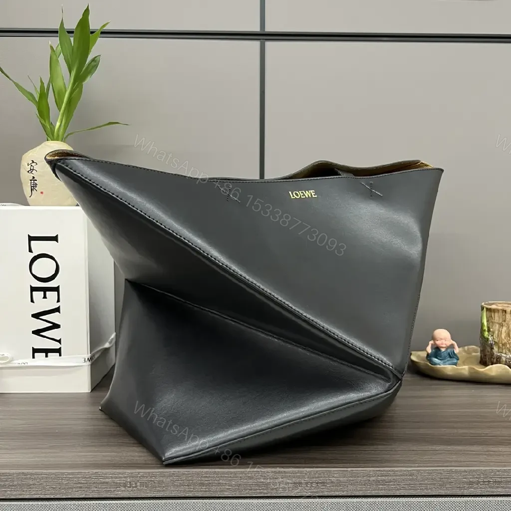 View 5 of Black Leather Structured Tote with Geometric Panels & Gold LOEWE Logo