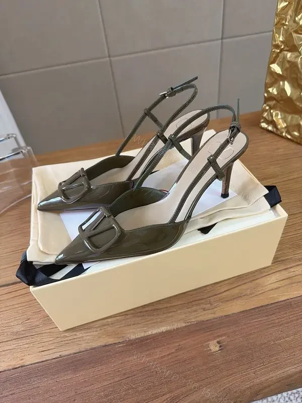 Gray Patent Slingback Heels with Buckle Detail, Stiletto, 2.5" — view 1