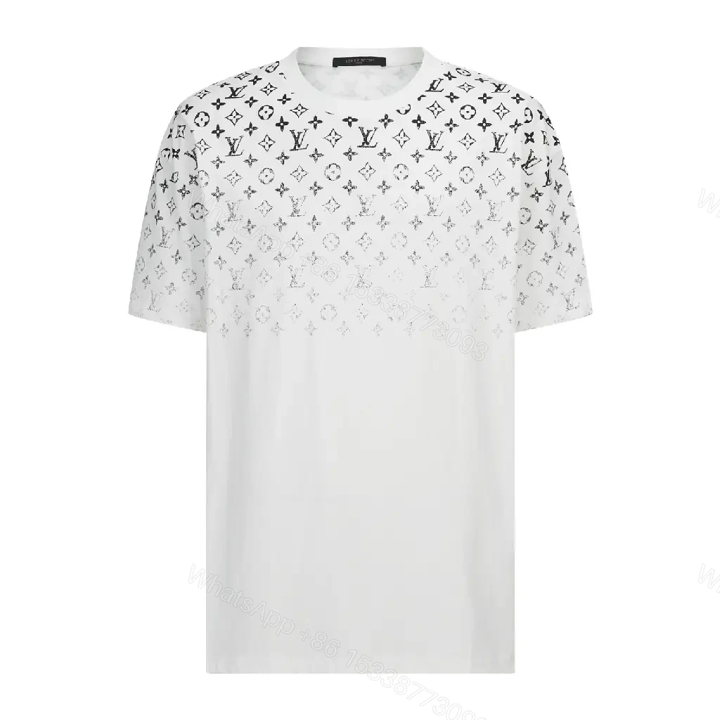 View 8 of White Cotton Graphic Tee: Gradient LV Monogram Pattern Top