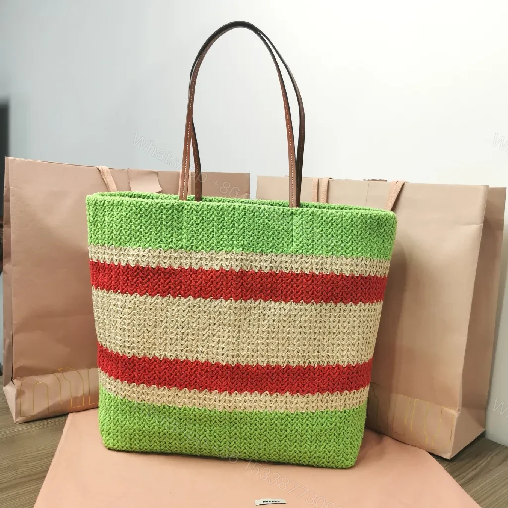 View 6 of Colorful Woven Straw Tote - Luxurious Designer-Style, Bold Stripes