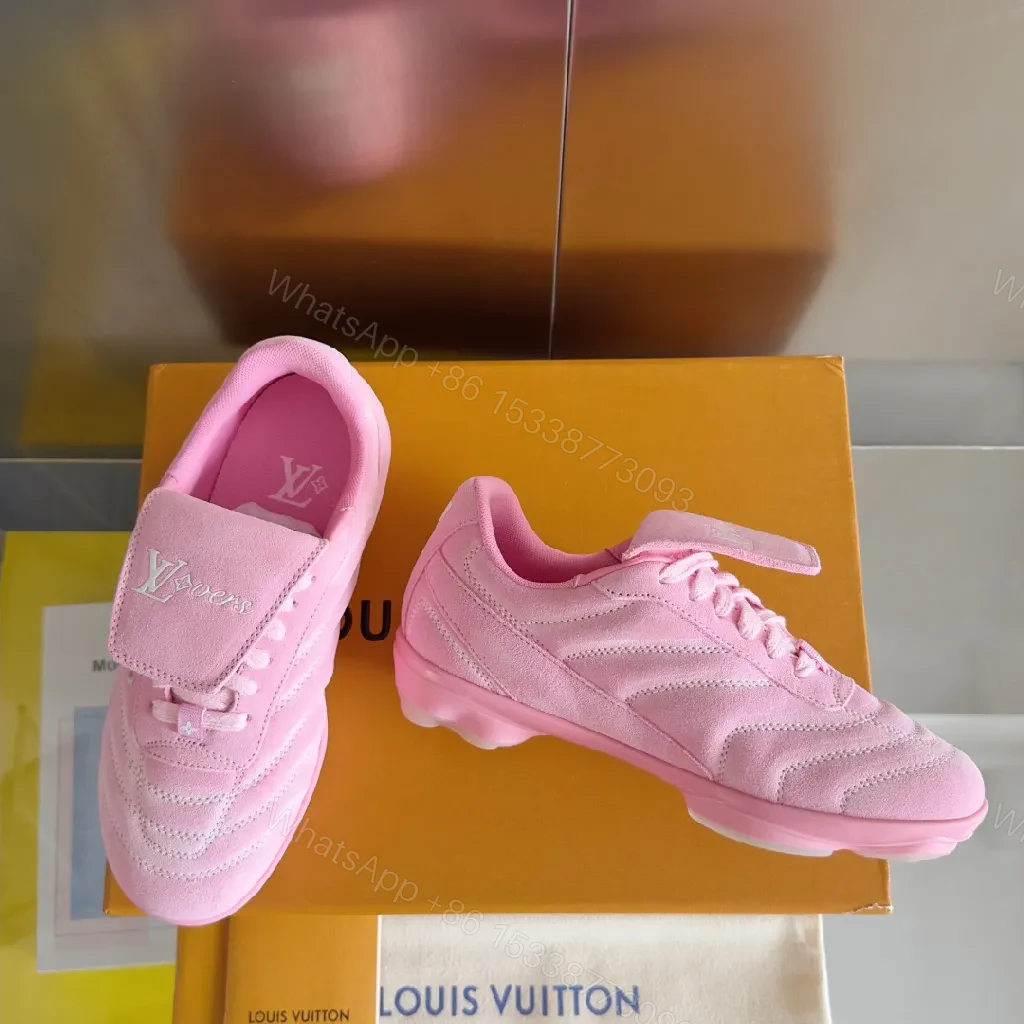 View 8 of Soft Pink Suede Luxe Sneakers with LV Detailing, High‐Top Comfort