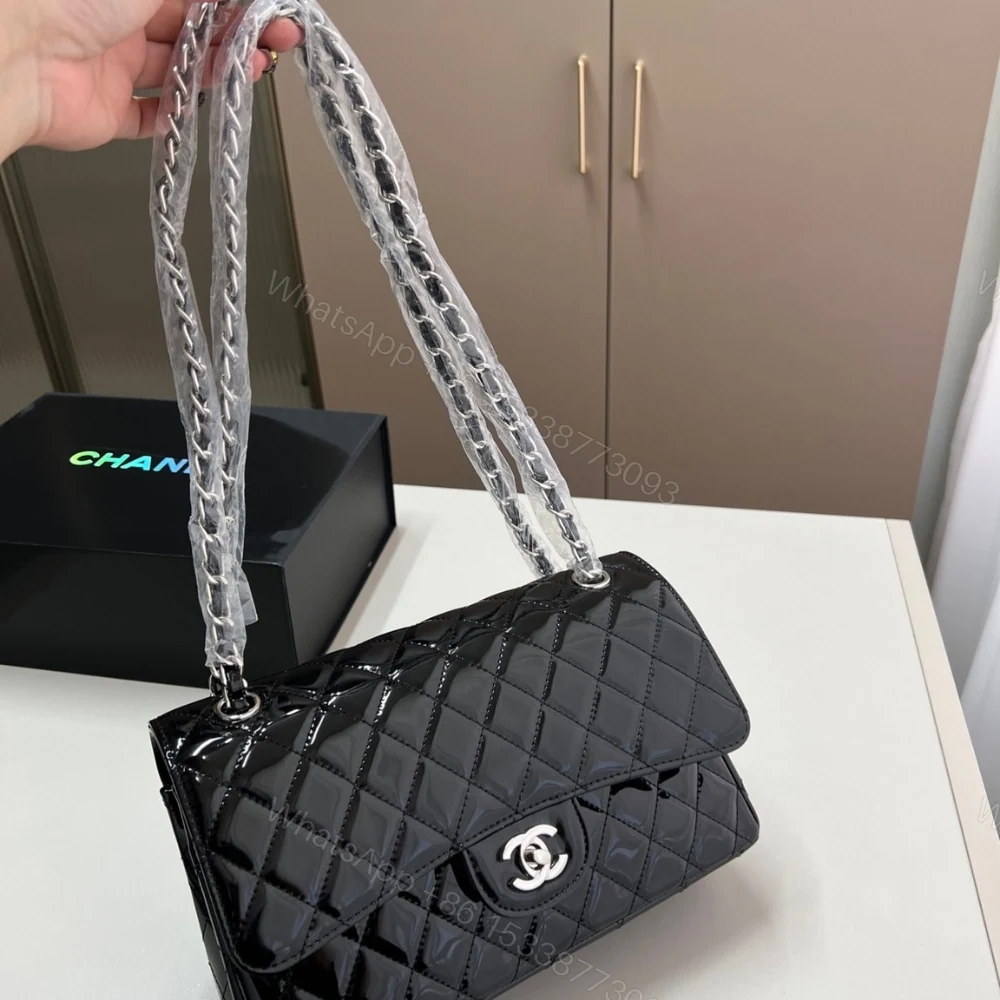 View 3 of Chanel Medium Classic Double Flap Bag Patent Leather Black 26Cm