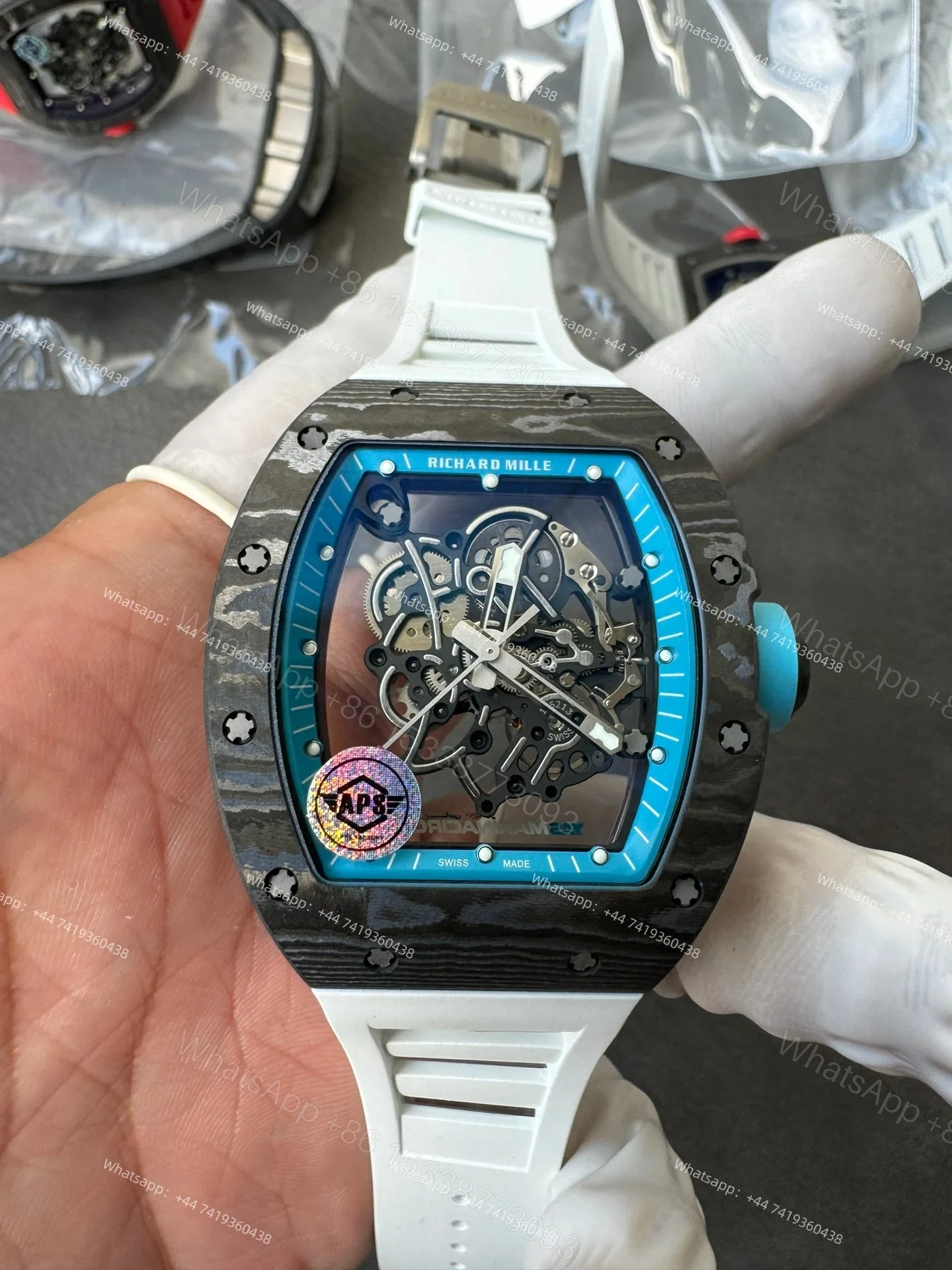View 2 of Super Clone Richard Mille RM 055 Carbon TPT Blue Inner Bezel White Rubber Strap 1:1 Replica Watch