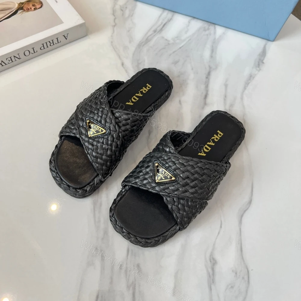 View 2 of PRADA RAFFIA CRISSCROSS SLIDES BLACK 1XX750 027 F0002 F 020