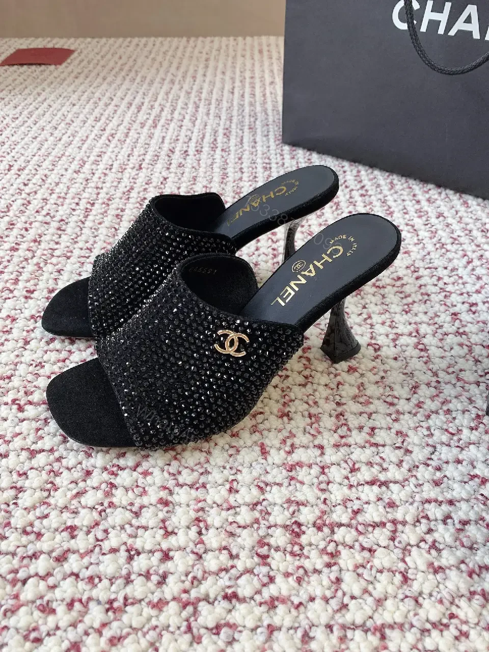 View 6 of Black Velvet Crystal Dainty Mules with Chanel Logo Heels
