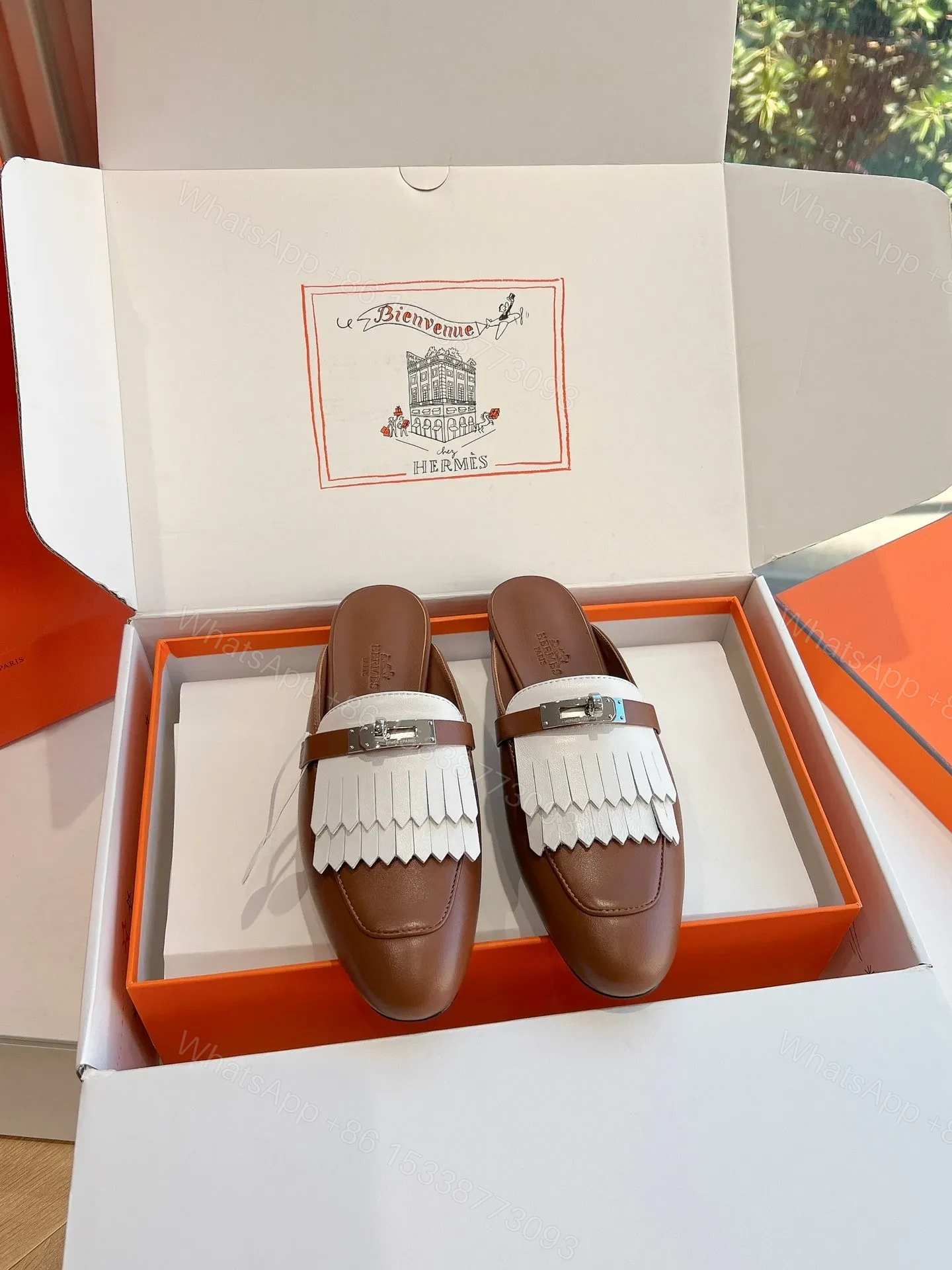 View 3 of Hermes Women Brown White Leather Fringe Mules