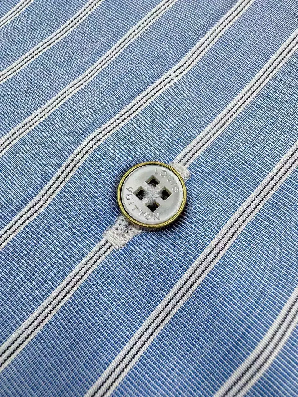 View 8 of Blue Stripe Cotton-Blend Shirt with Subtle LV.M Logo