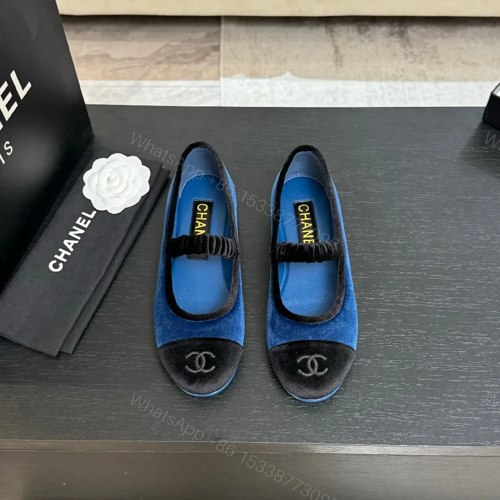 View 6 of Blue Velvet Ballet Flats with Black Cap-Toe Detail