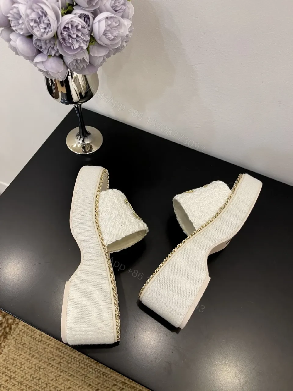 View 9 of White Textured Slide Sandals with Gold Logo, Open-Toe Mule Product