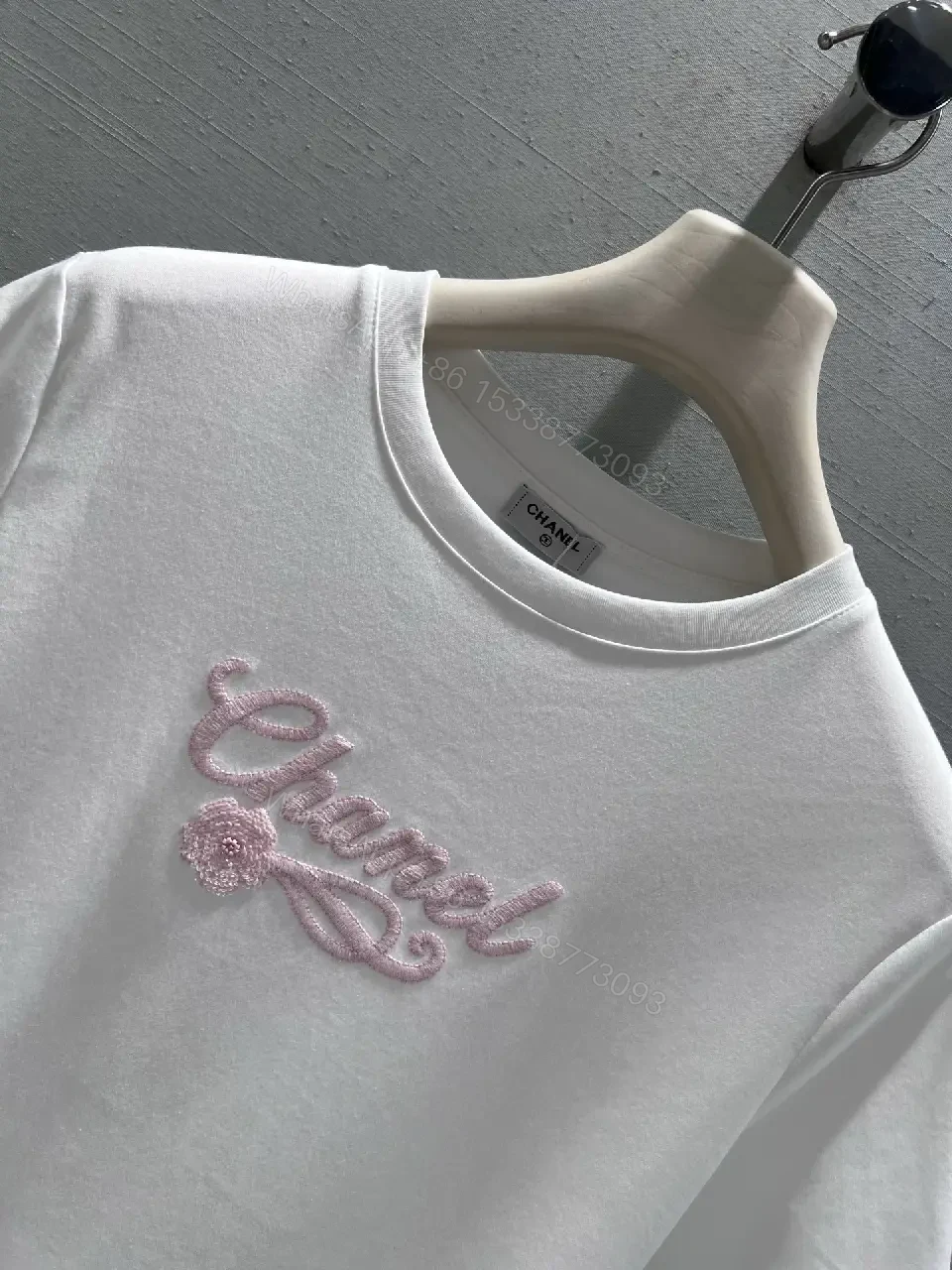 View 7 of White Tee with Pink Embroidered Logo – Everyday Luxe, Premium Cotton